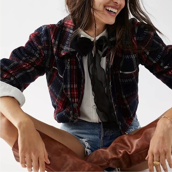 We The Free Free People FP Swing Flight Jacket Red Navy Tartan Plaid Size L - Picture 3 of 16